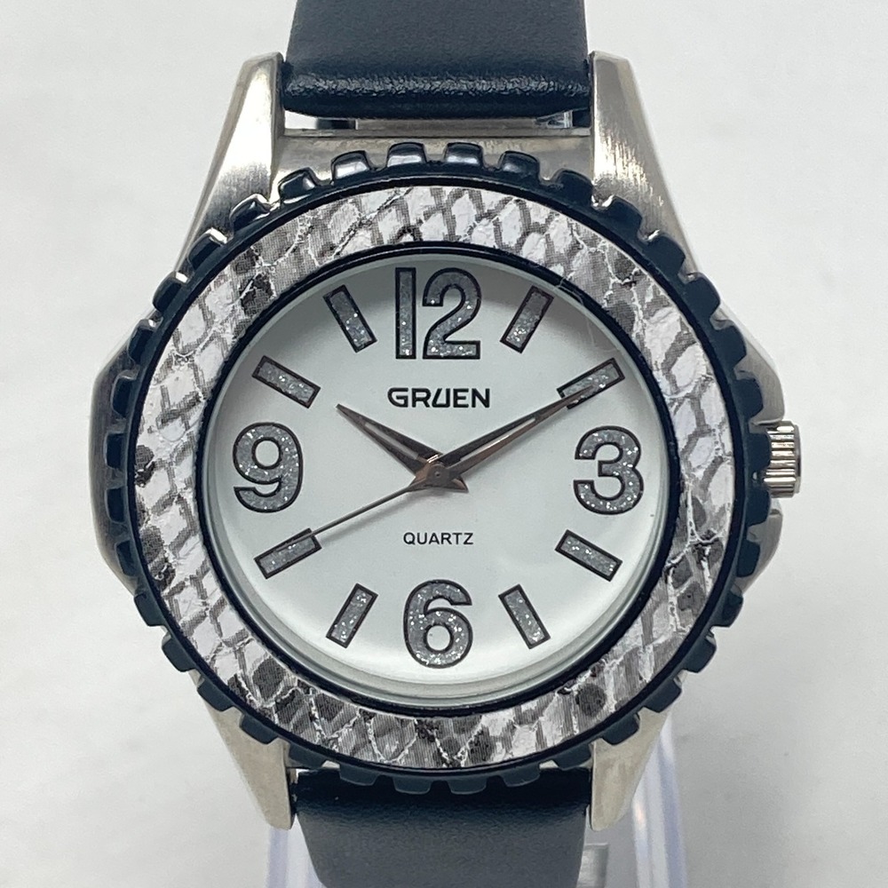 Gruen Watch Women 44mm Silver Tone Faux Snakeskin Bezel Black New Battery 9"